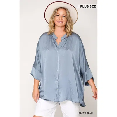 Fashnzfab Washed Satin Button Down Loose Fit Top With Hi-lo Hem In Blue