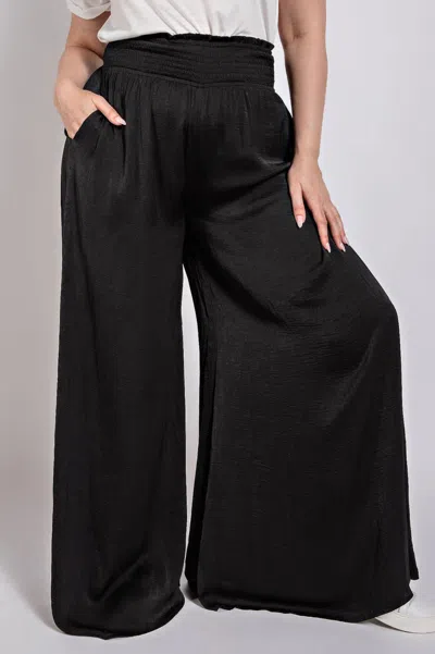 Fashnzfab Washed Satin Wide Pants With Waist Smocked