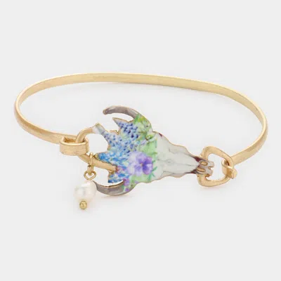 Fashnzfab Watercolor Floral Steer Hook Bracelet Multi, Worn Gold In Blue
