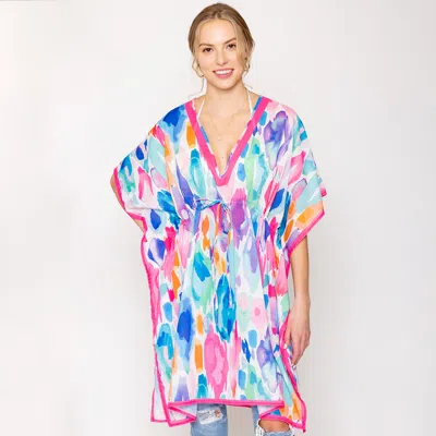 Fashnzfab Watercolor Print Cover Up Poncho In Pink