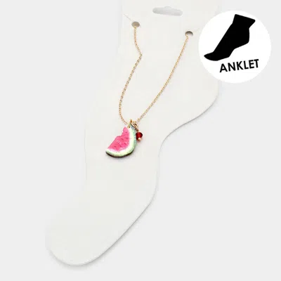 Fashnzfab Watercolor Wood Watermelon Anklet - Gold, Green, Red In Multi
