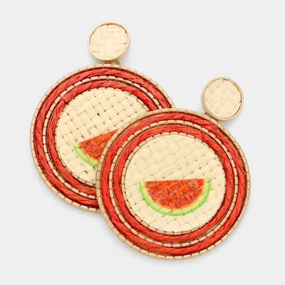 Fashnzfab Watermelon Detail Straw Earrings - Red, Worn Gold In Multi