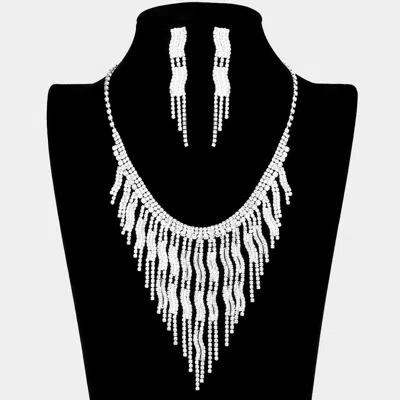 Fashnzfab Wavy Fringe Crystal Rhinestone Necklace In Metallic