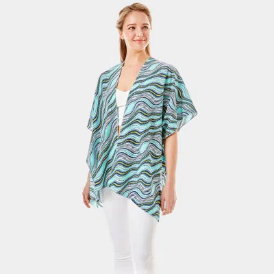 Fashnzfab Wavy Printed Lurex Cover Up Poncho Kimono Poncho In Blue