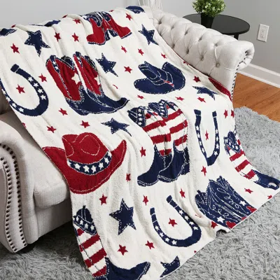 Fashnzfab Western American Cowboy Boots Hat Horseshoe Star Patterned Reversible Throw Blanket In Multi