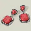 Fashnzfab Western Antique Square Stone Dangle Earrings - Coral In Red