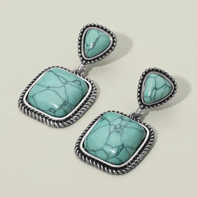 Fashnzfab Western Antique Square Stone Dangle Earrings - Silver Burnished, Turquoise In Green