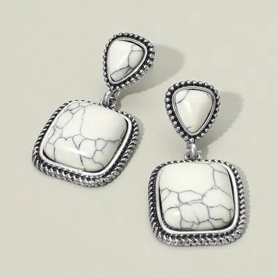 Fashnzfab Western Antique Square Stone Dangle Earrings - Silver Burnished, White In Gray