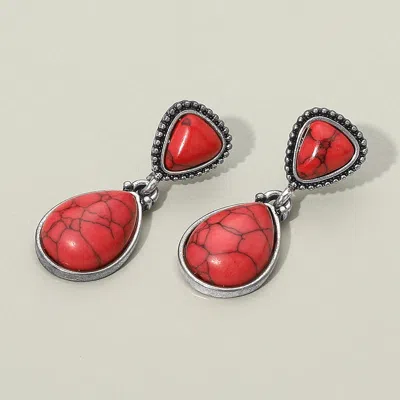 Fashnzfab Western Antique Teardrop Stone Dangle Earrings - Coral, Silver Burnished In Red