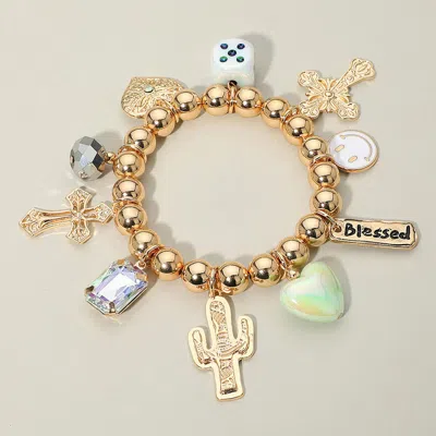 Fashnzfab Western Blessed Cactus Cowboy Boot Dice Cross Pearl Charm Beaded Stretch Bracelet In Orange