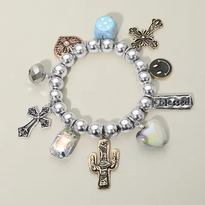 Fashnzfab Western Blessed Cactus Cowboy Boot Dice Cross Pearl Charm Beaded Stretch Bracelet In Pink