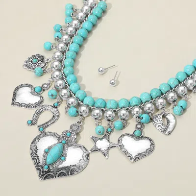 Fashnzfab Western Boho Turquoise Stone Embellished Heart Star Horseshoe Charm Station Statement Necklace In Blue