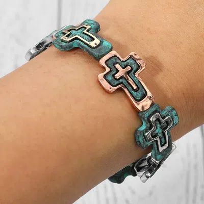 Fashnzfab Western Boho Vintage Metal Cross Beaded Stretch Bracelet Patina Verdigris In Multi