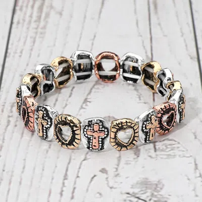 Fashnzfab Western Boho Vintage Metal Open Heart Embossed Cross Charm Beaded Stretch Bracelet In Multi