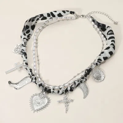 Fashnzfab Western Boot Geart Flower Cross Horn Charm Station Beads Pearl Leopard Fabric Chain Layered Necklace In Multi