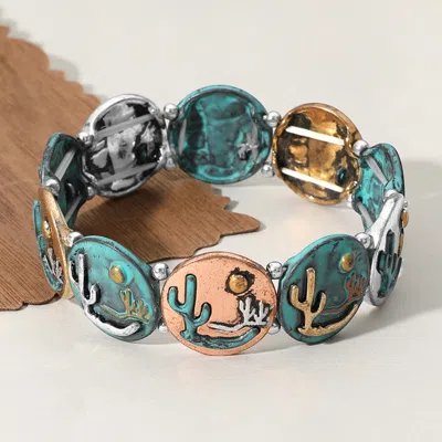 Fashnzfab Western Cactus Embossed Plate Link Stretch Bracelet Patina Verdigris In Green