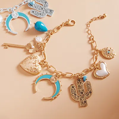Fashnzfab Western Cactus Pearl Heart Metal Flower Key Crescent Charm Station Bracelet Matte Gold In Multi