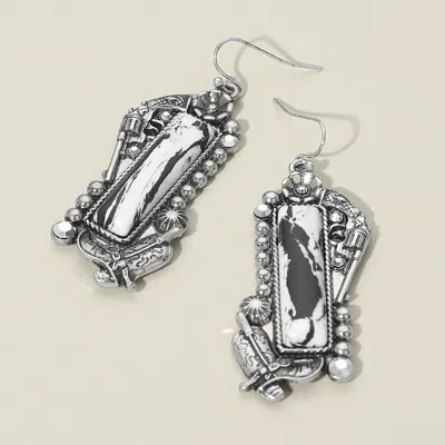 Fashnzfab Western Cowboy Boot Frame Howlite Stone Bar Charm Earrings In Silver