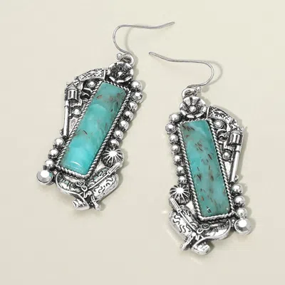 Fashnzfab Western Cowboy Boot Frame Turquoise Stone Bar Charm Earrings Silver Burnished, Turquoise In Blue