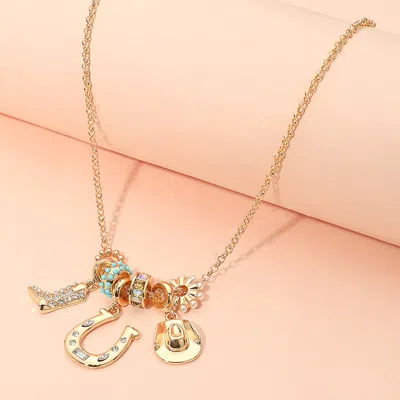 Fashnzfab Western Cowboy Boot Hat Horseshoe Charm Beaded Necklace In Gold