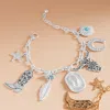 Fashnzfab Western Cowboy Boot Hat Steer Head Horseshoe Star Charm Station Bracelet Matte Silver In Silver