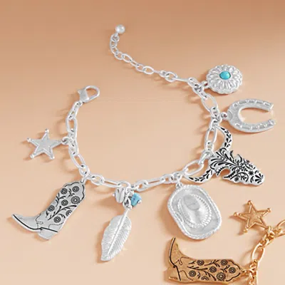 Fashnzfab Western Cowboy Boot Hat Steer Head Horseshoe Star Charm Station Bracelet Matte Silver