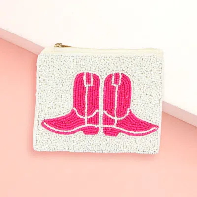 Fashnzfab Western Cowboy Boots Seed Beaded Mini Pouch Bag In White