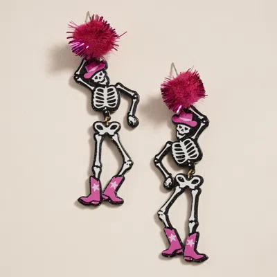 Fashnzfab Western Cowboy Halloween Pom Pom Skeleton Earrings - Hot Pink In Multi