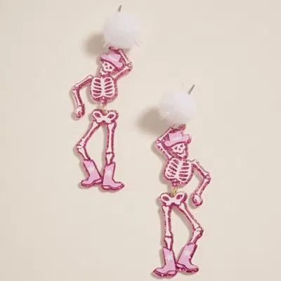 Fashnzfab Western Cowboy Halloween Pom Pom Skeleton Earrings - Pink