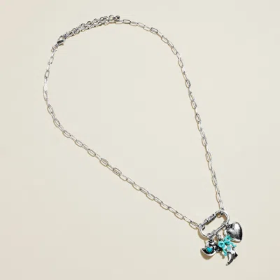 Fashnzfab Western Cowboy Hat Boot Bow Heart Charm Pendant Necklace - Silver Burnished, Turquoise In Blue
