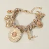 Fashnzfab Western Cowboy Hat Boot Charm Station Fabric Chain Bracelet Beige, Gold In Multi