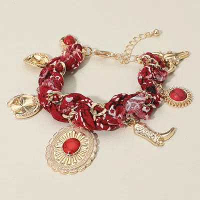 Fashnzfab Western Cowboy Hat Boot Charm Station Fabric Chain Bracelet Burgundy, Gold In Multi