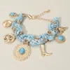 Fashnzfab Western Cowboy Hat Boot Charm Station Fabric Chain Bracelet Gold, Turquoise In Multi