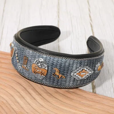 Fashnzfab Western Cowboy Horse Concho Embellished Woven Denim Wide Headband - Blue, Rose Gold, Silver Burnishe In Multi