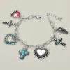 Fashnzfab Western Cross Heart Charm Station Bracelet Multi, Silver Burnished In Multi