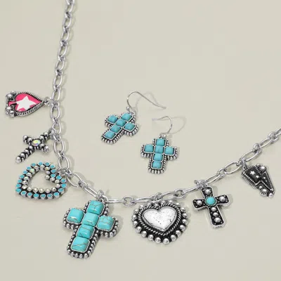 Fashnzfab Western Cross Heart Charm Station Necklace In Multi