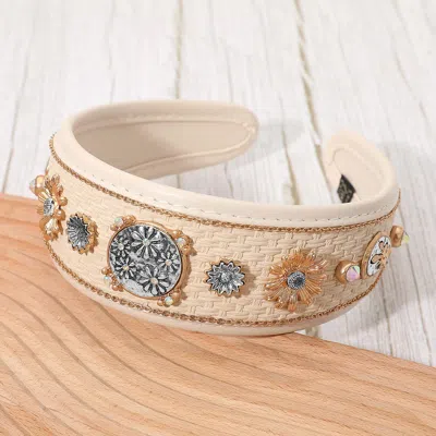 Fashnzfab Western Floral Concho Embellished Woven Wide Headband - Ivory, Silver Burnished, Worn Gold In White