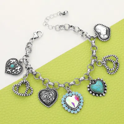 Fashnzfab Western Heart Charm Station Bracelet Silver Burnished, Turquoise In Red