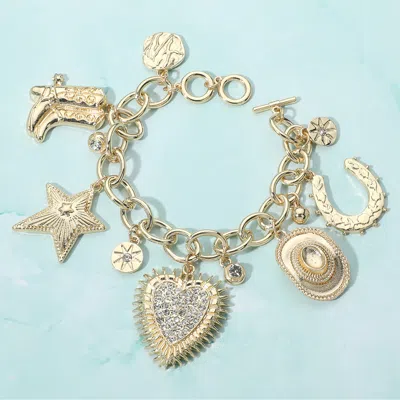 Fashnzfab Western Heart Cowboy Boot Hat Star Horseshoe Charm Station Toggle Bracelet Gold