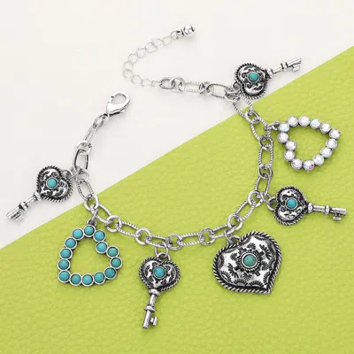 Fashnzfab Western Heart Key Charm Station Bracelet Silver Burnished, Turquoise In Blue