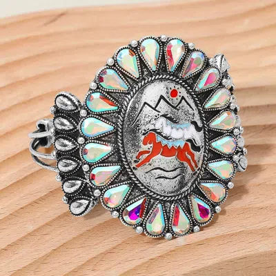 Fashnzfab Western Horse Oval Conch Cuff Bracelet - Ab, Silver Burnished In Multi