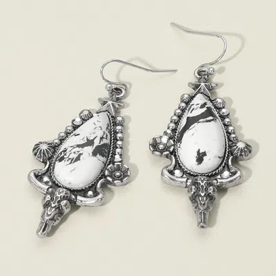 Fashnzfab Western Howlite Teardrop Stone Steer Head Charm Earrings In Metallic