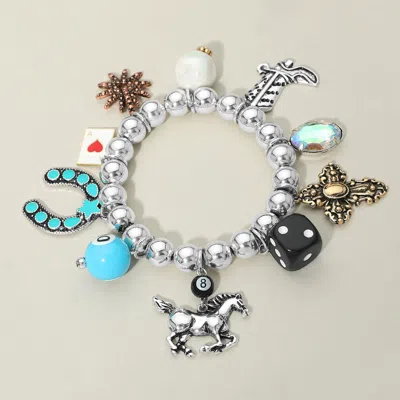 Fashnzfab Western Lucky Inspired Charm Beaded Stretch Bracelet In Silver