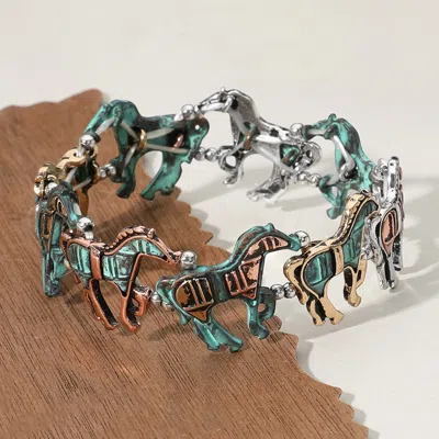 Fashnzfab Western Metal Horse Link Stretch Bracelet Patina Verdigris In Multi