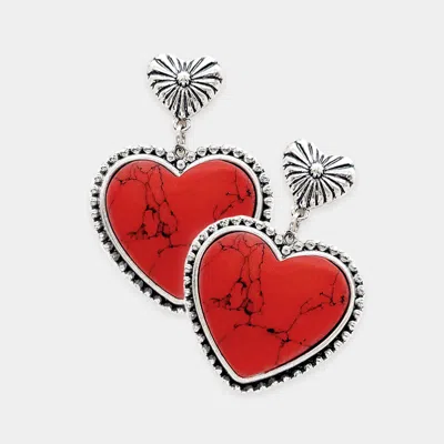 Fashnzfab Western Natural Stone Heart Dangle Earrings - Coral, Silver Burnished In Multi