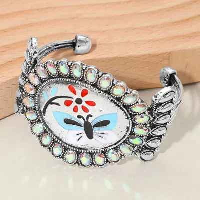Fashnzfab Western Oval Butterfly Flower Conch Cuff Bracelet - Ab, Silver Burnished In Multi