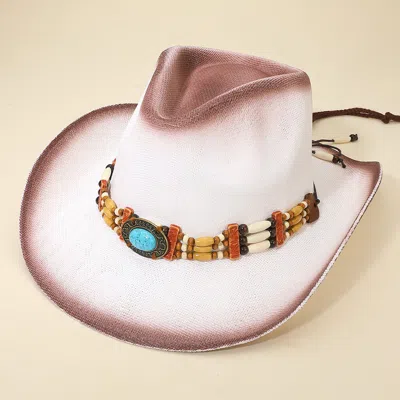 Fashnzfab Western Oval Turquoise Concho Buckle Wooden Beaded Band Cowboy Fedora Hat In Pink