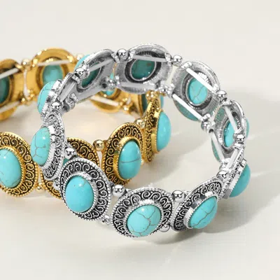Fashnzfab Western Oval Turquoise Stone Link Stretch Bracelet In Blue