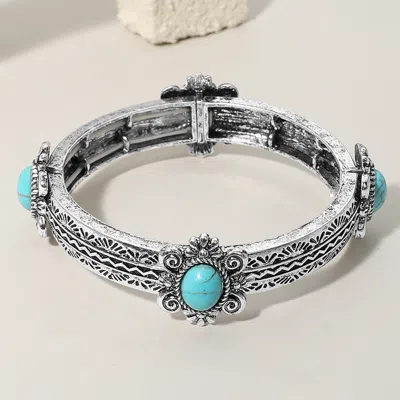 Fashnzfab Western Oval Turquoise Stone Pointed Antique Metal Stretch Bracelet In Silver