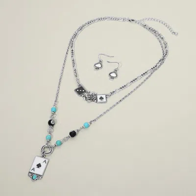 Fashnzfab Western Playing Card Pendant Accent Layered Necklace In Silver